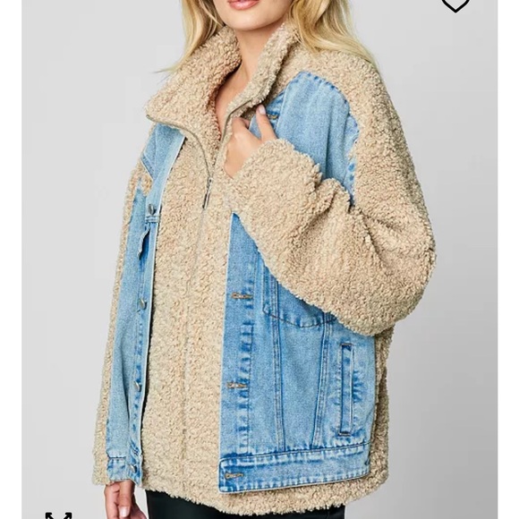 Blank NYC bear hug Blue Denim and Tan Teddy Jacket - Picture 1 of 2